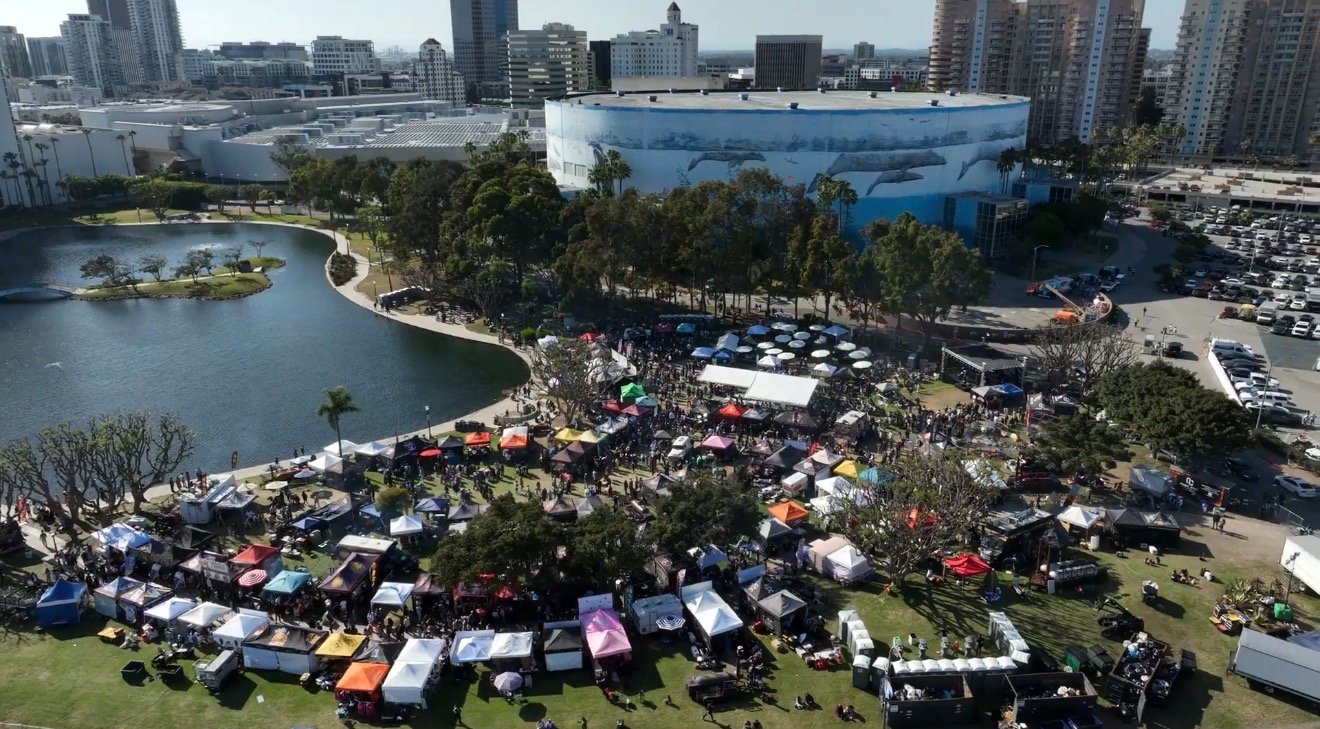 Long Beach BBQ Festival aerial view with downtown skyline
